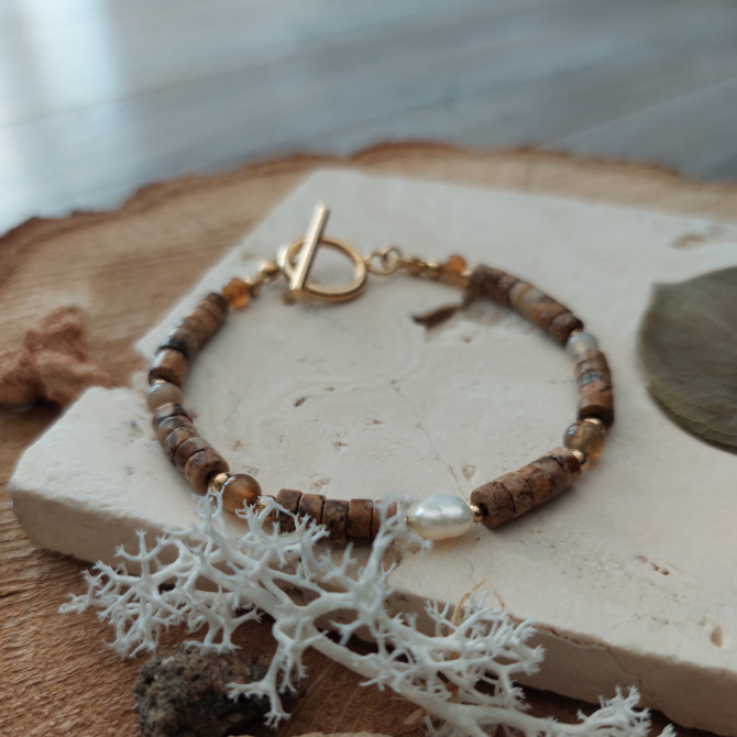 Bransoletka z jaspisem, agatem i perłą - Earth I - obrazek 3